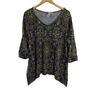 Catherines Tunic Blouse 14W 16W Earth Tones Sharkbite Hem Knit Floral V Neck Top
